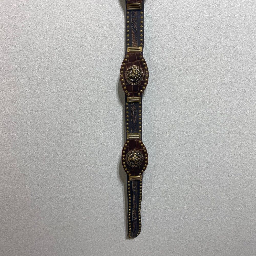 ST MAARTEN Dallas Leather Belt W/Gold Studs & Gold-Tone Lion Head Medallion - Picture 8 of 15
